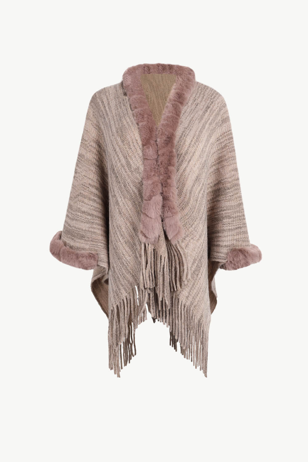 Heathered Faux Fur Fringe Hem Poncho