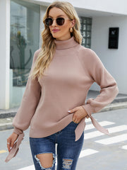 Tie-Cuff Raglan Sleeve Turtleneck Sweater