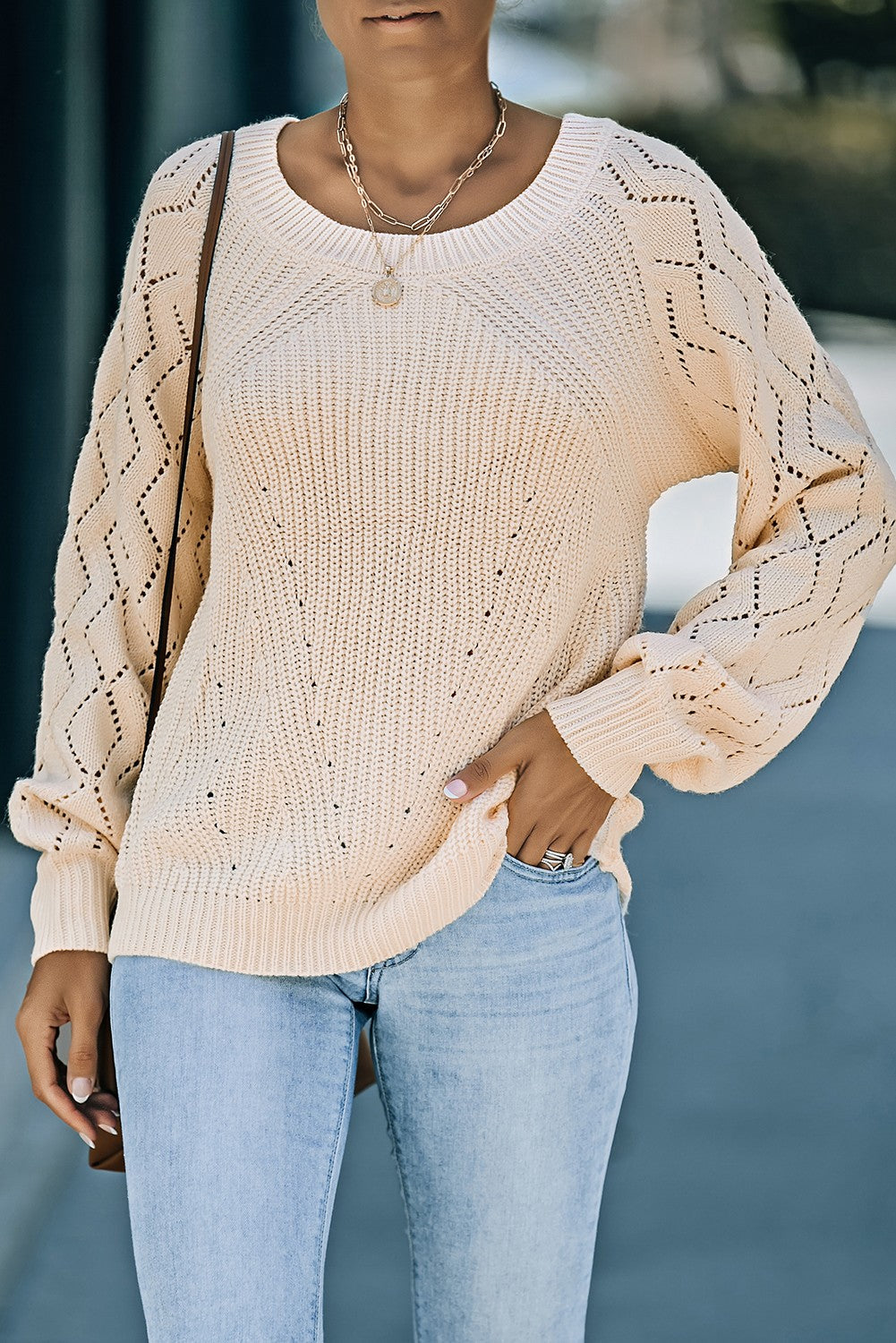 Openwork Round Neck Raglan Sleeve Sweater