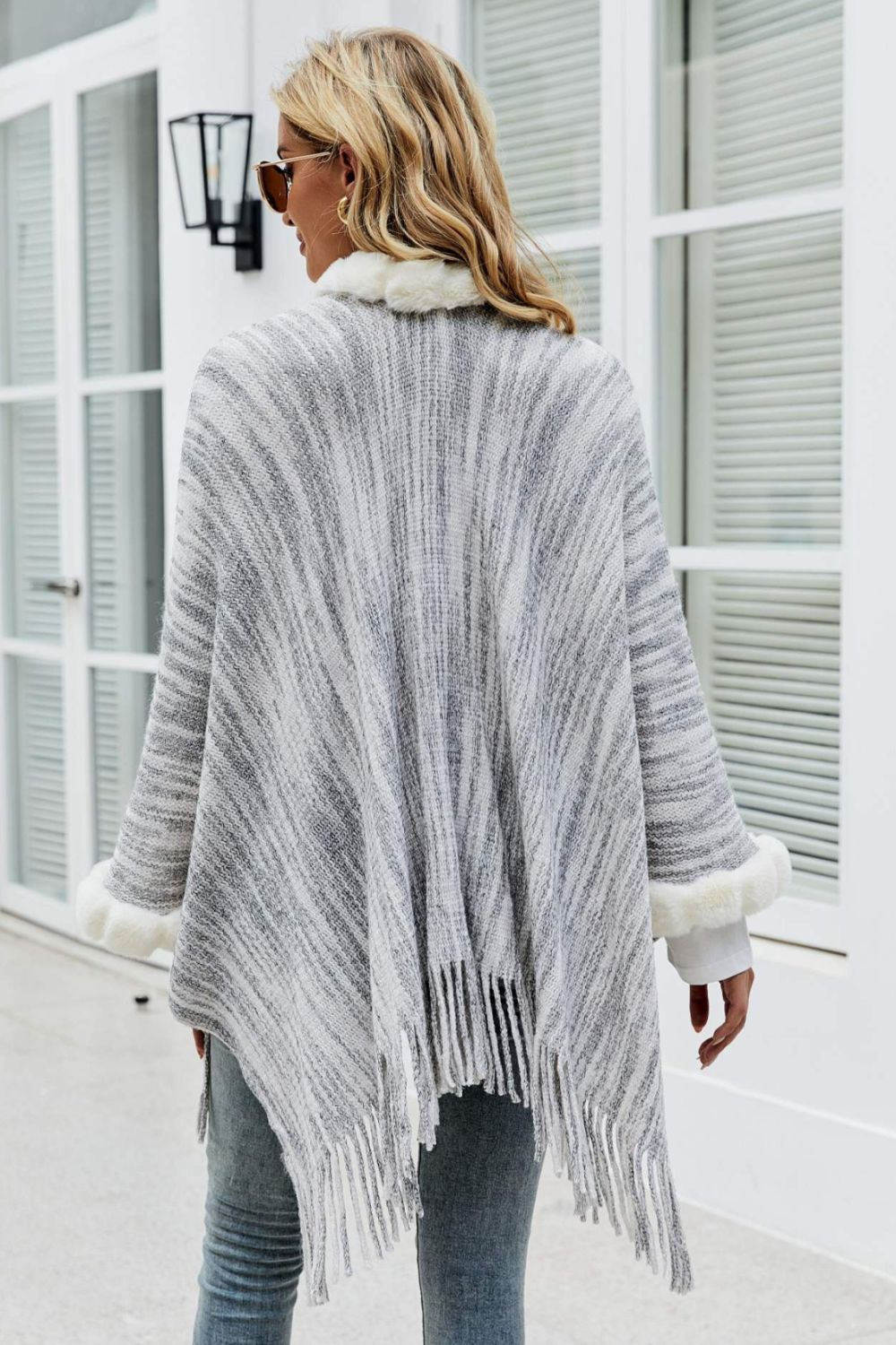Heathered Faux Fur Fringe Hem Poncho