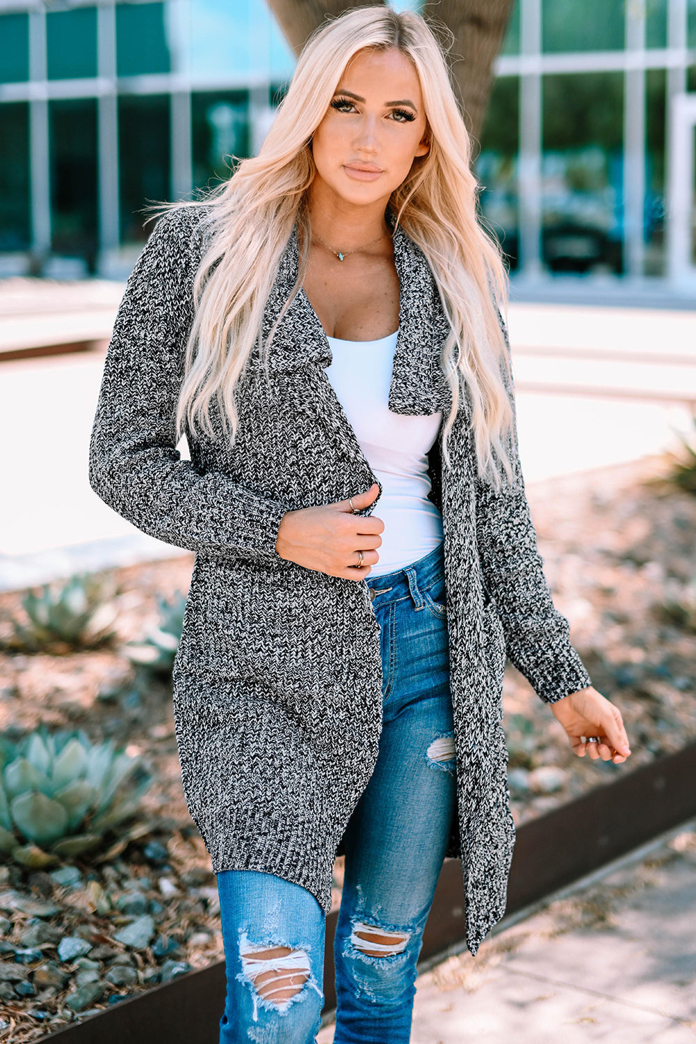 Melierter Longline-Cardigan mit offener Vorderseite und Taschen