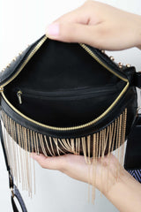 Schultertasche aus PU-Leder mit Nieten und Fransen
