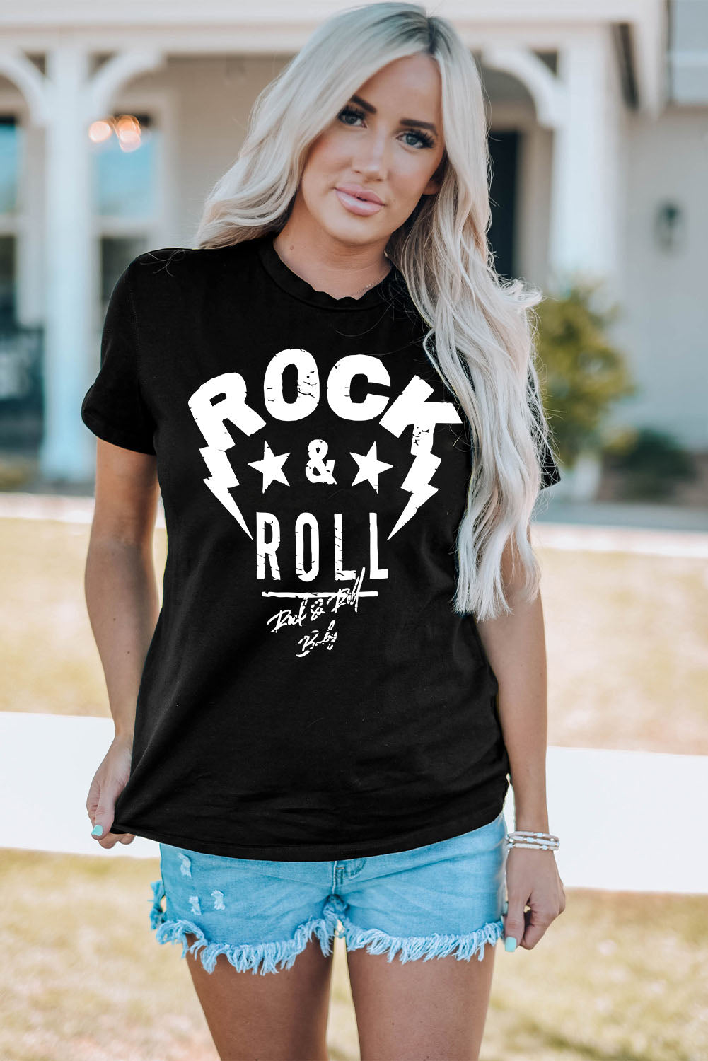 ROCK &amp; ROLL Grafik Rundhals Kurzarm-T-Shirt