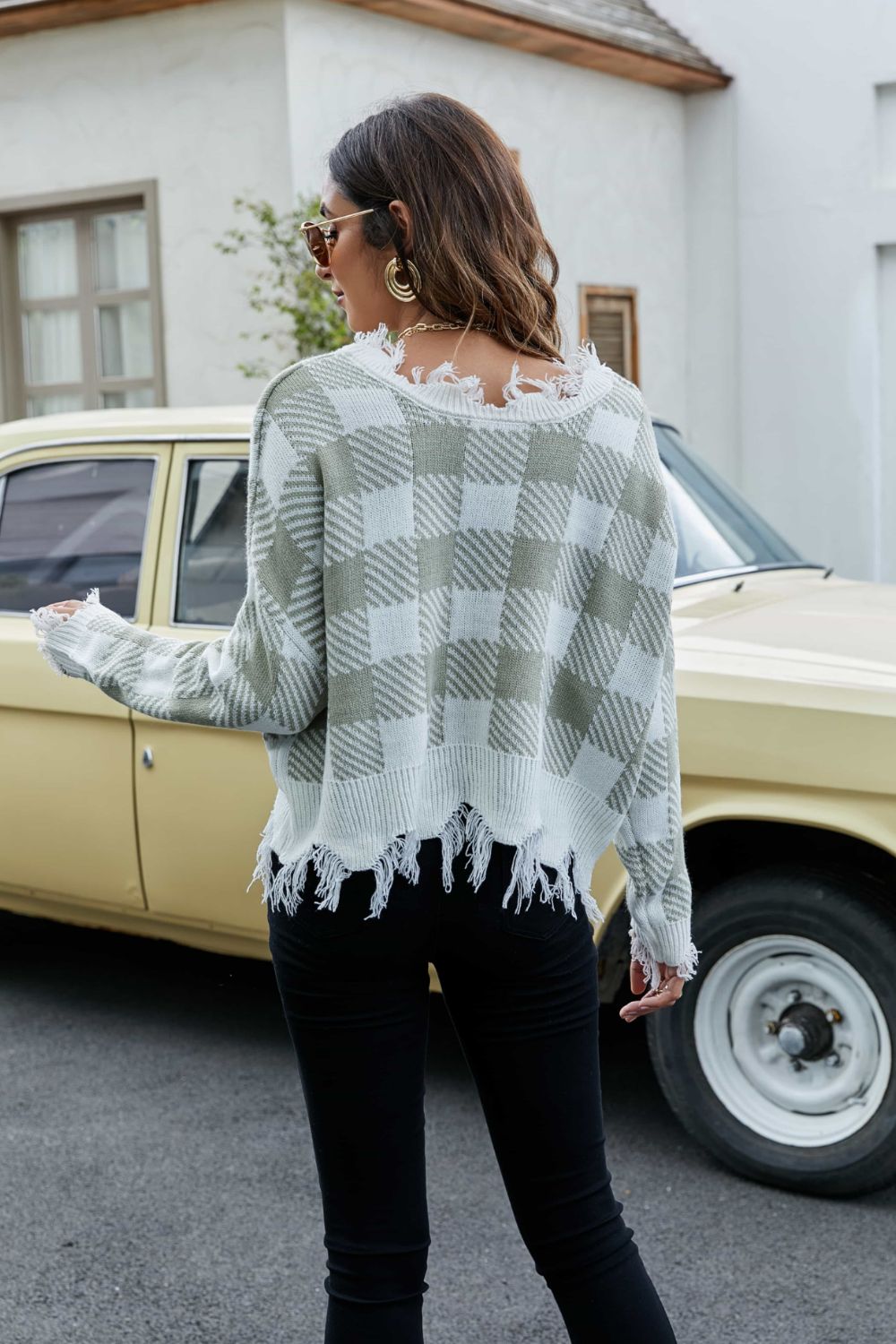 Plaid Frayed Trim V-Neck Sweater