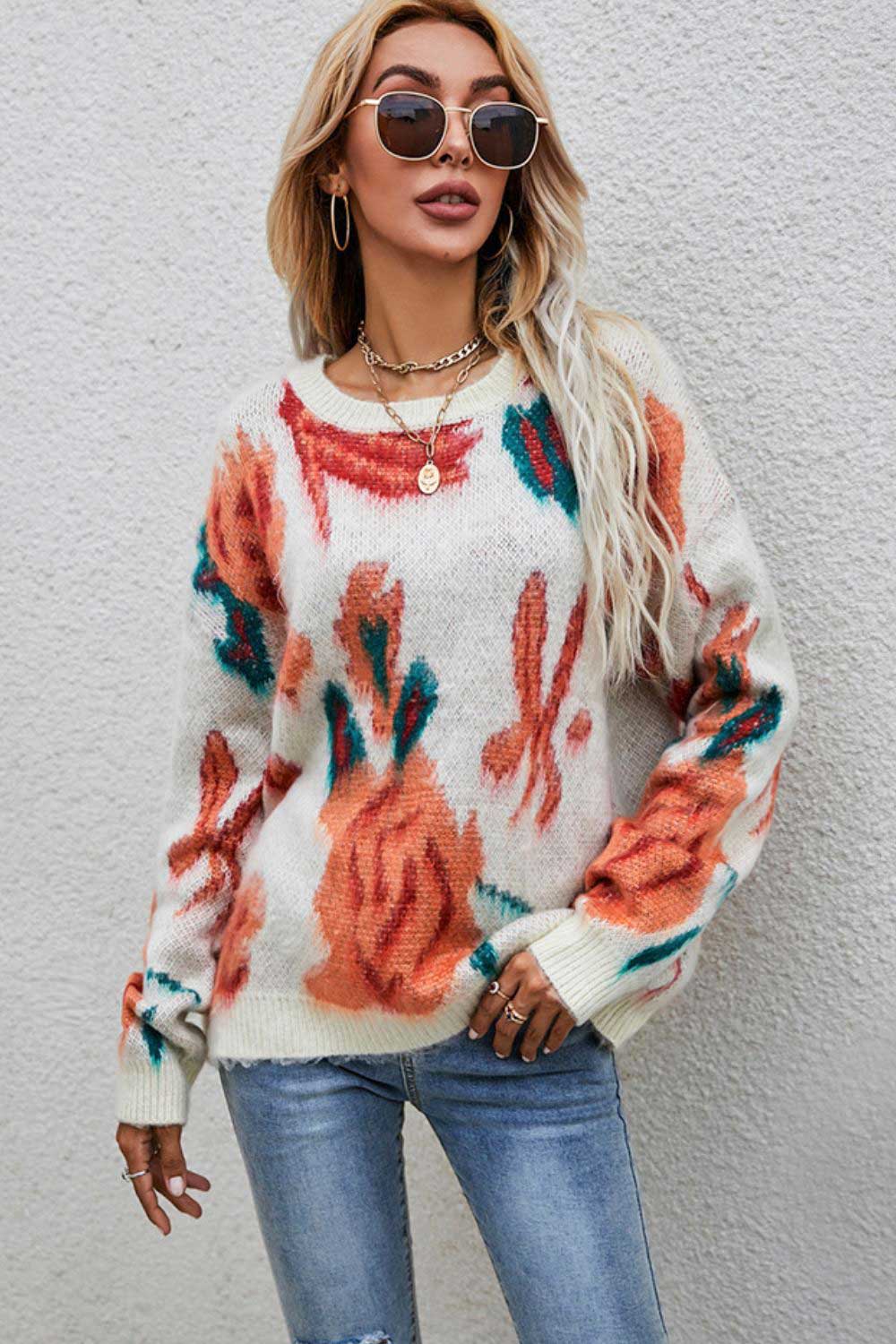 Printed Round Neck Dropped Shoulder Sweater