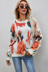 Printed Round Neck Dropped Shoulder Sweater