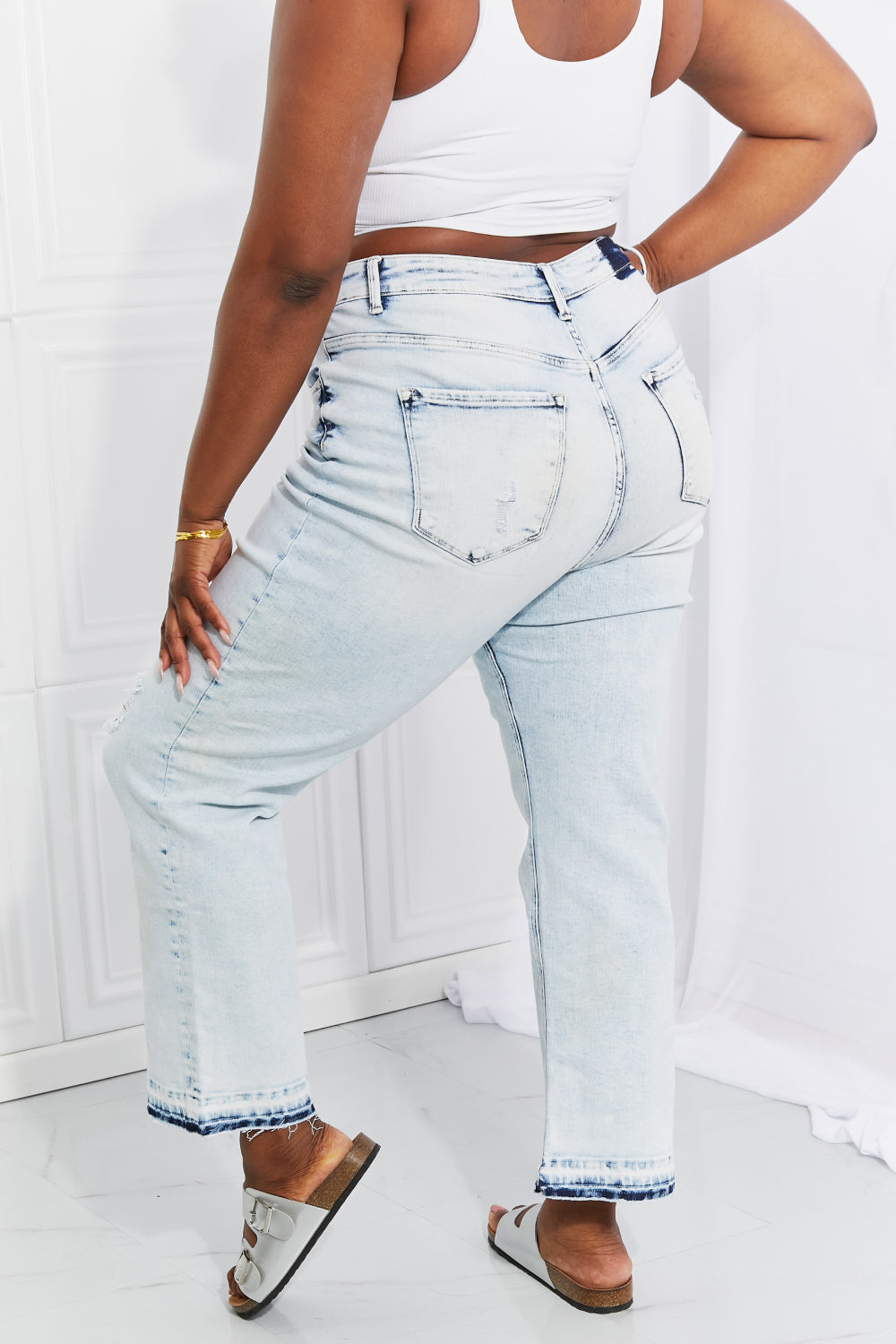 Jean droit court délavé à l'acide Camille, grande taille, RISEN