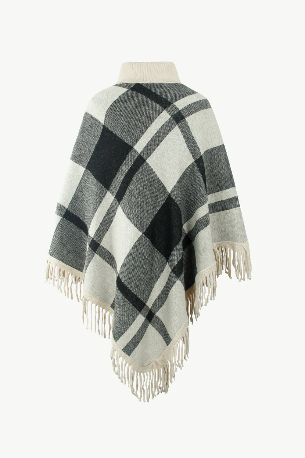 Plaid Fringe Hem Turtleneck Poncho