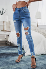 Jean skinny taille haute effet usé