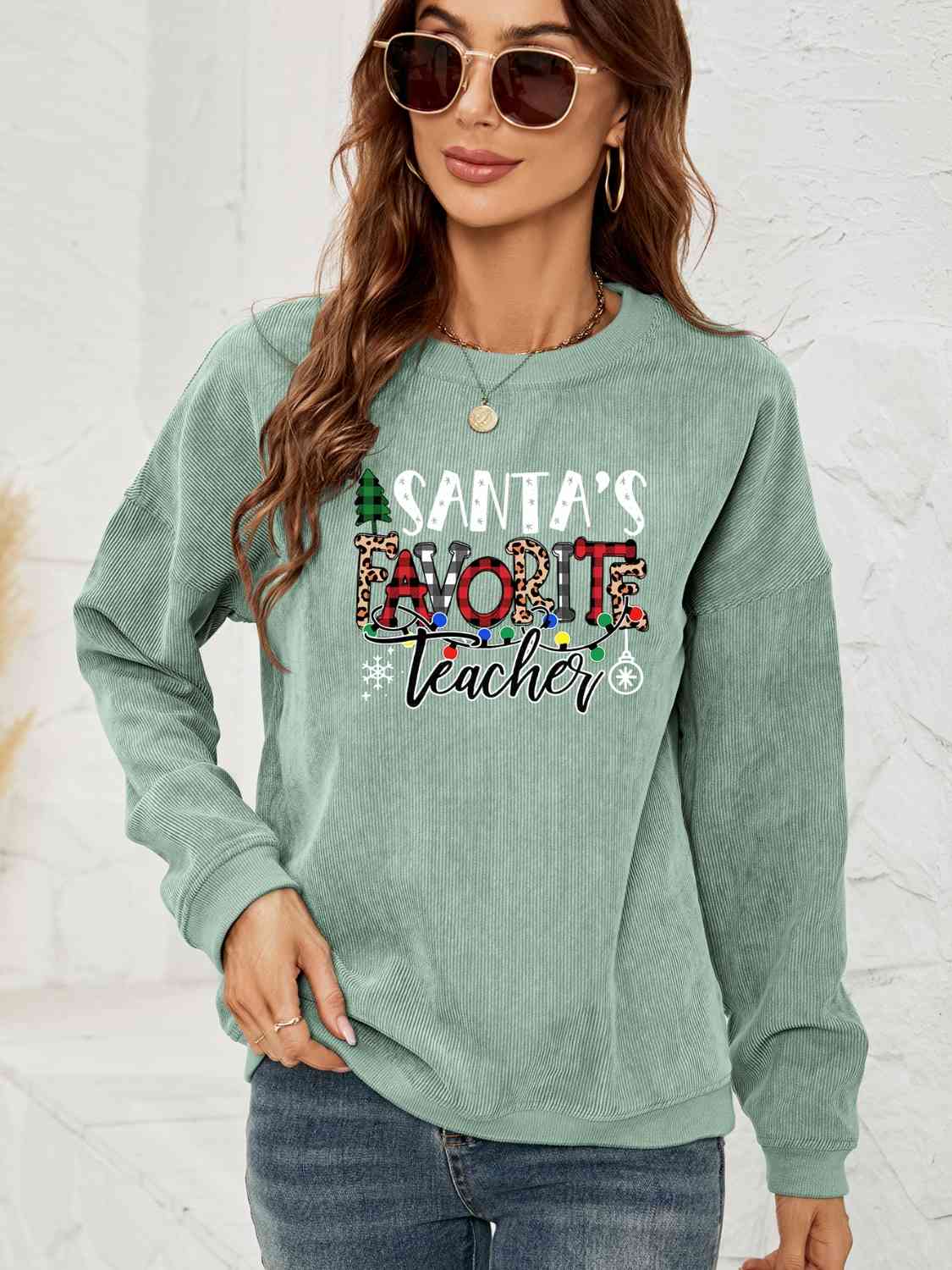 SANTA'S FAVORITE TEACHER Graphic Sweatshirt