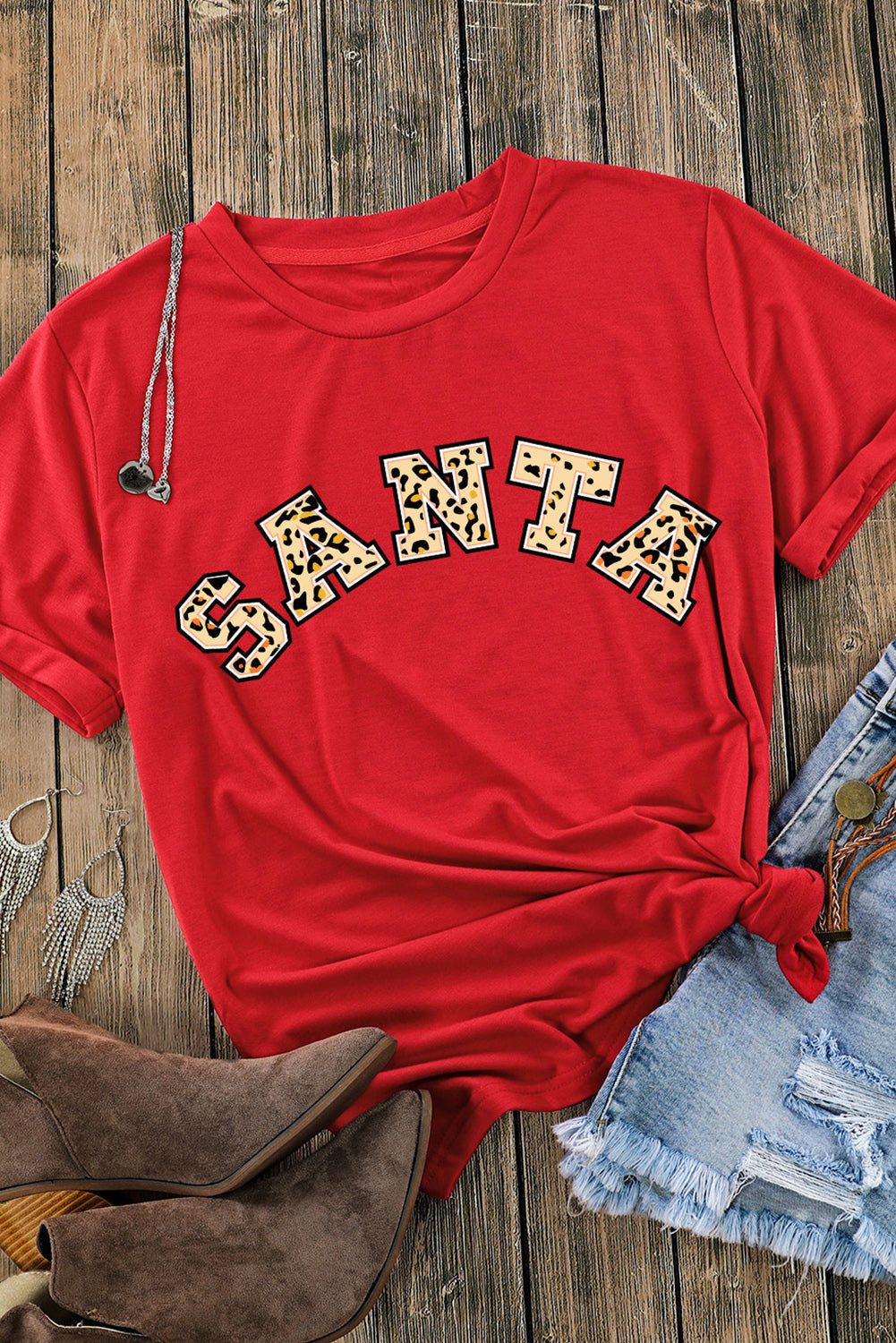 Red Leopard Printed SANTA Round Neck Graphic Tee
