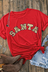 Red Leopard Printed SANTA Round Neck Graphic Tee