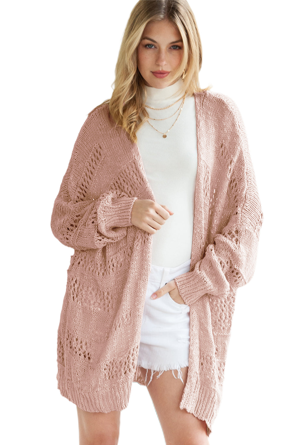 Apricot Casual Hollowed Knit Dolman Sleeve Cardigan