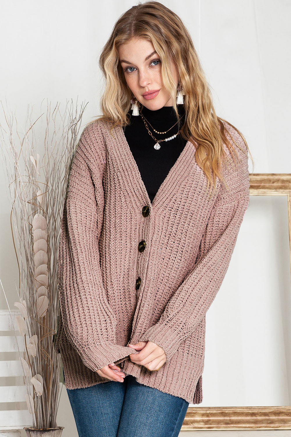 Khakifarbene, einfarbige, lässige Strickjacke mit Knöpfen