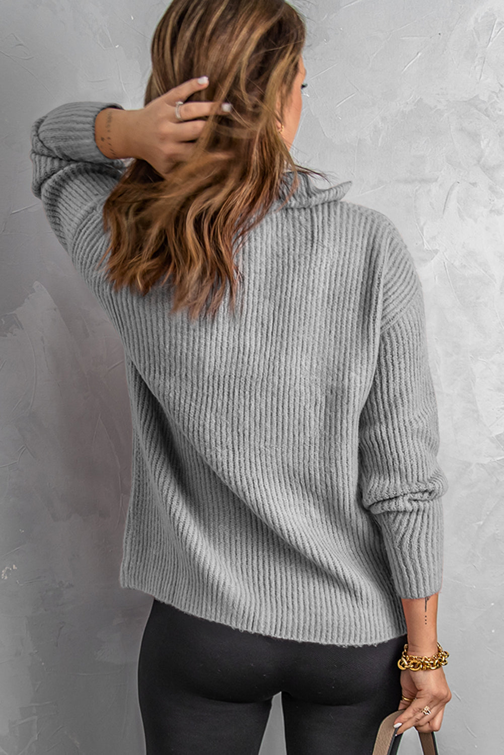 Quarter-Zip Rib-Knit Dropped Shoulder Knit Pullover