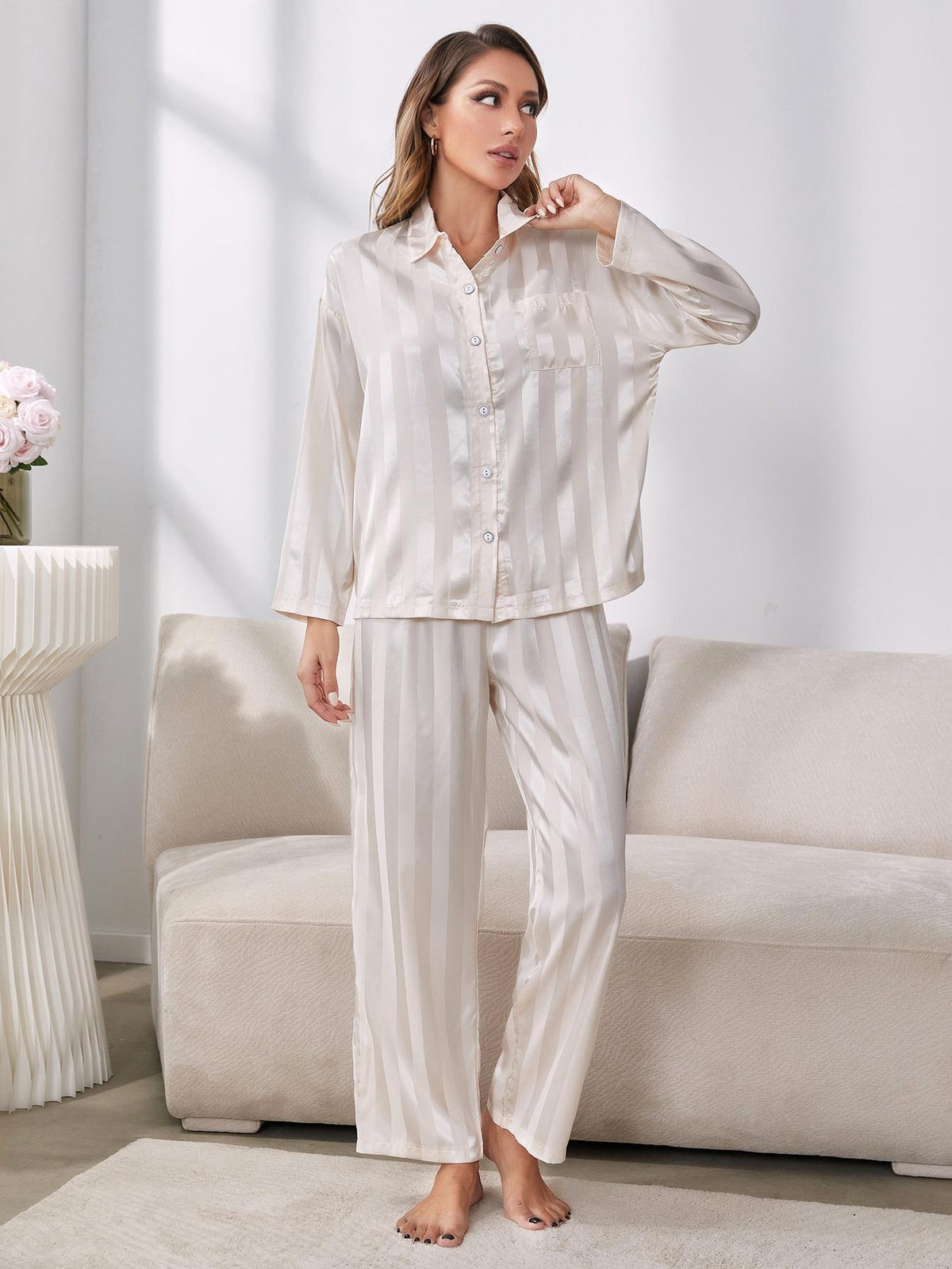 Button-Up Shirt Pants Pajama Set
