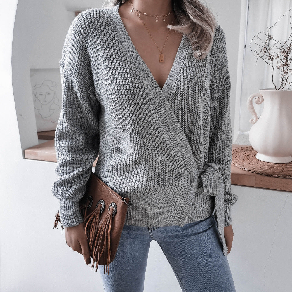 Rib-Knit Lantern Sleeve Wrap Sweater