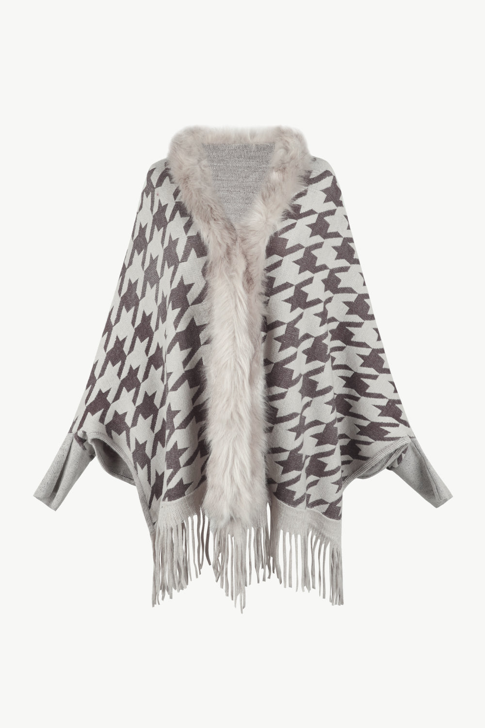 Houndstooth Faux Fur Trim Fringe Hem Poncho