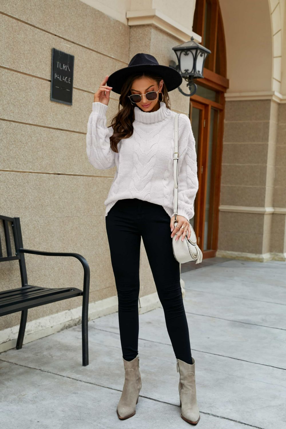 Cable-Knit Turtleneck Lantern Sleeve Sweater