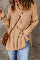 Drawstring Cowl Neck Side Slit Tunic Sweater