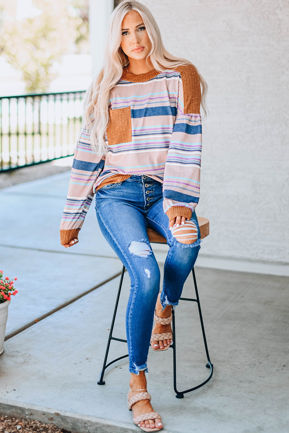 Striped Dropped Shoulder Ribbed Trim Top