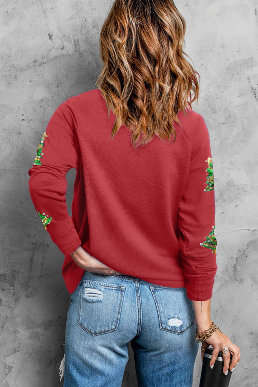 Sweat-shirt graphique à manches raglan et motif sapin de Noël à paillettes rouges