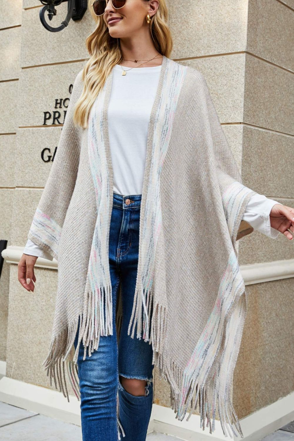 Striped Fringe Hem Longline Poncho