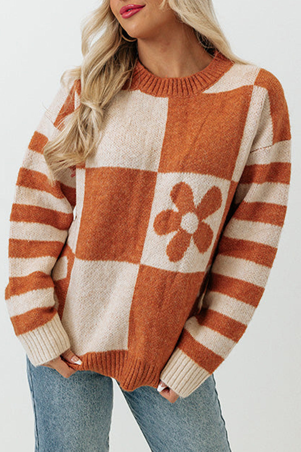 Brown Checkered Striped Knitted Pullover Sweater