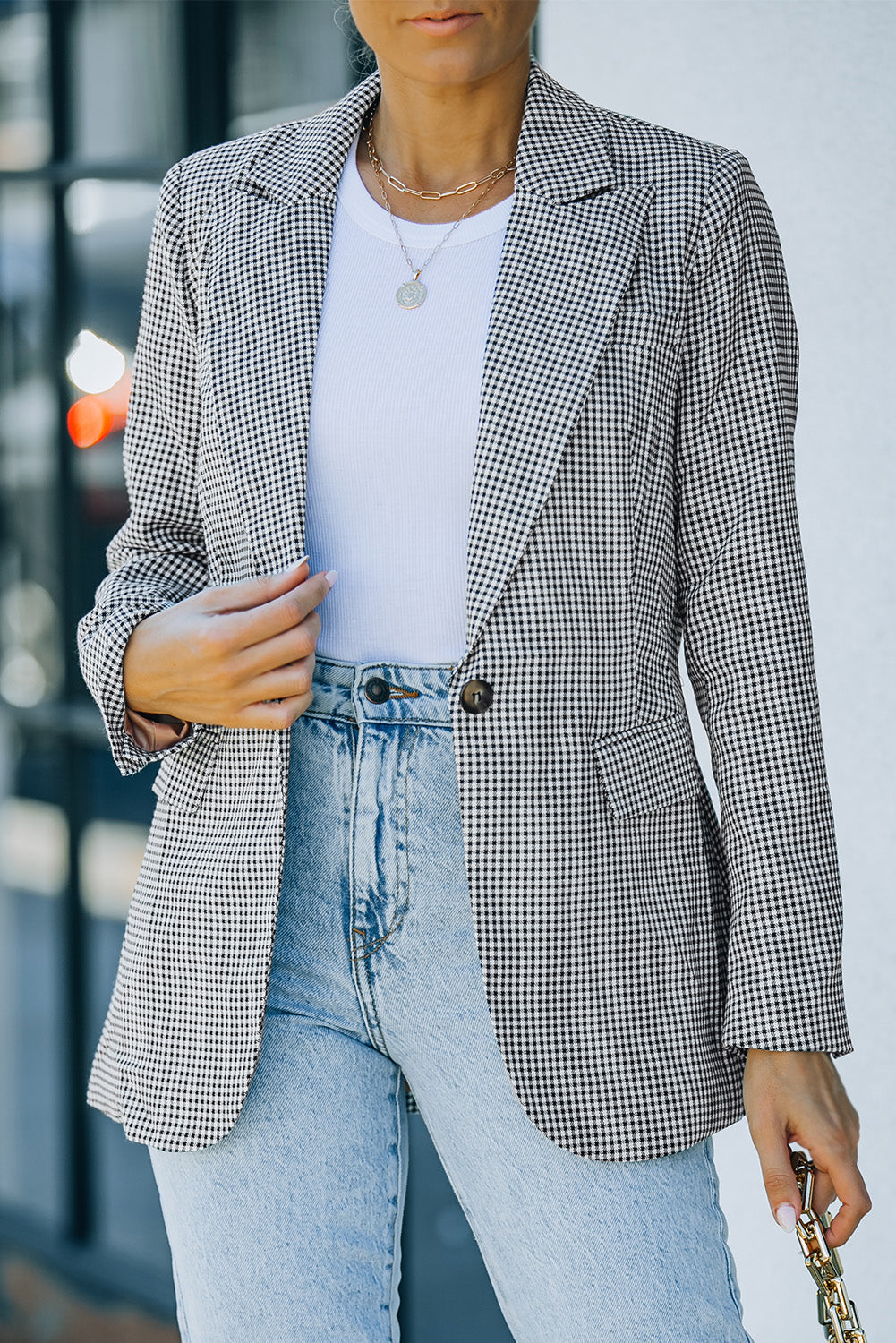 Blazer à carreaux avec col à revers et poignets boutonnés