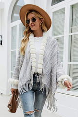 Heathered Faux Fur Fringe Hem Poncho