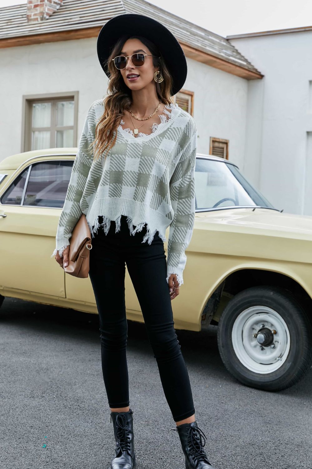 Plaid Frayed Trim V-Neck Sweater