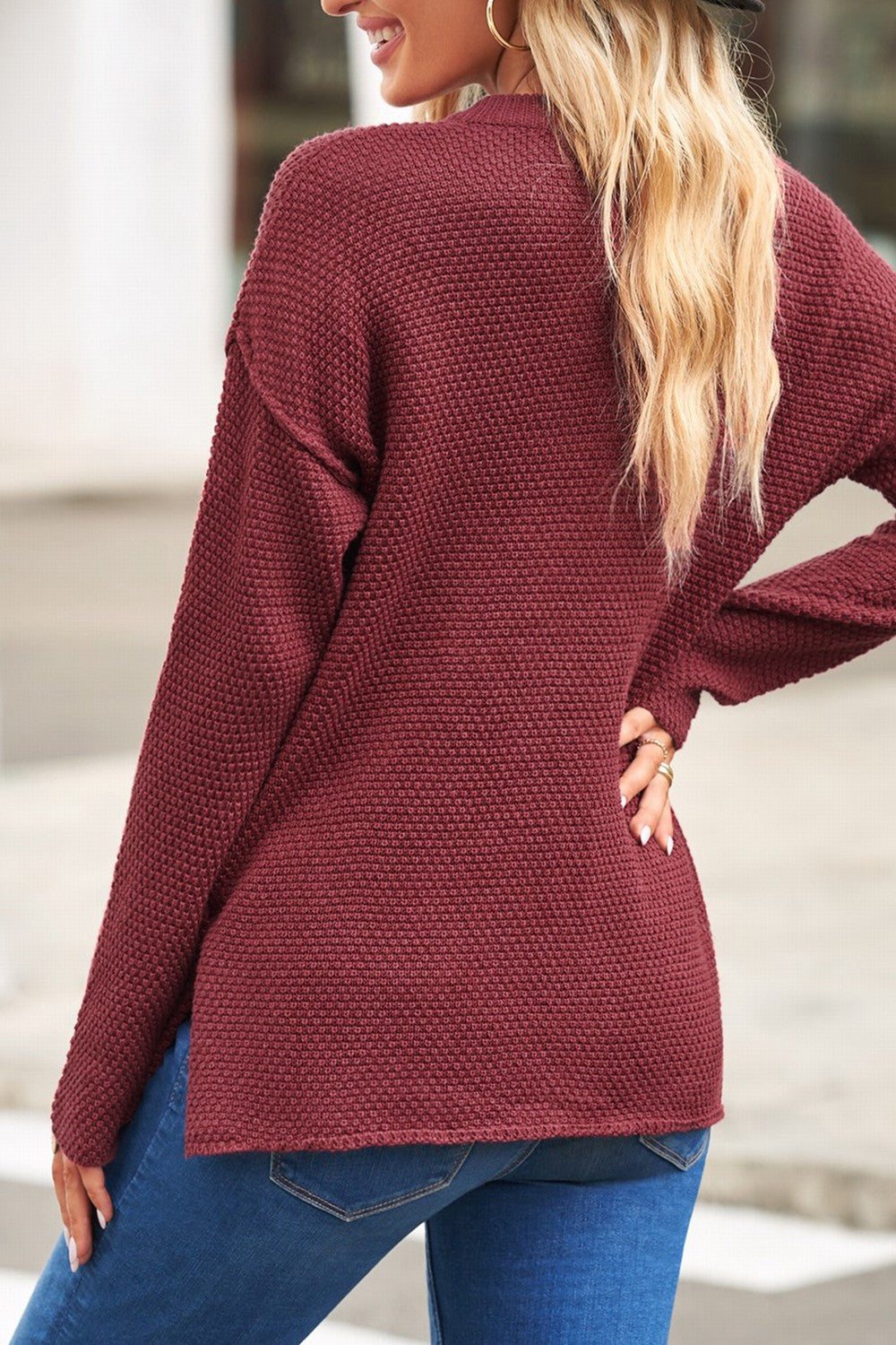 Quarter-Button Drop Shoulder Sweater