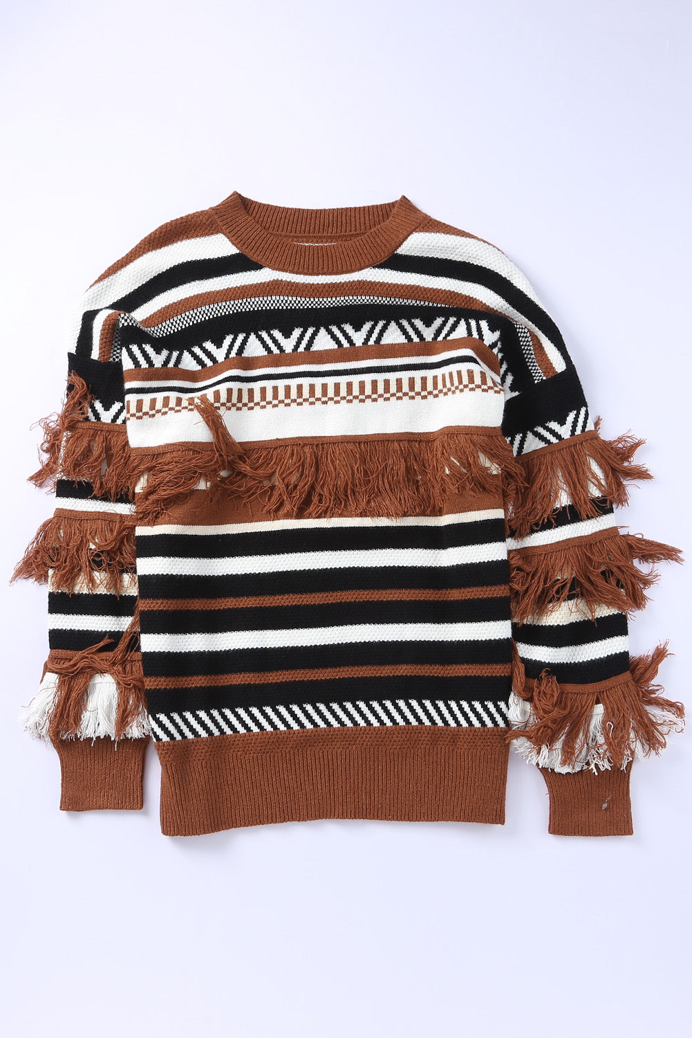 Striped Fringe Trim Round Neck Sweater