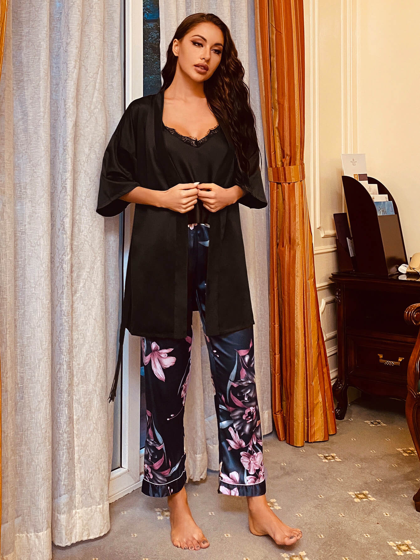 Cami, Robe, Printed Pants Pajama Set