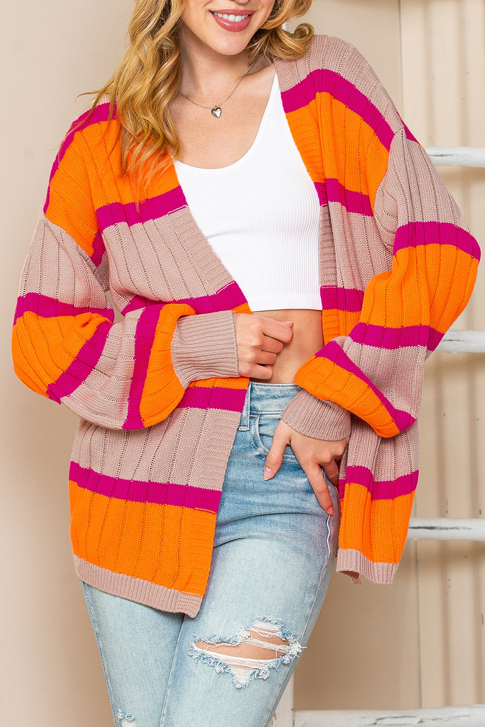 Orange Stripe Print Ribbed Knit Sweater Cardigan