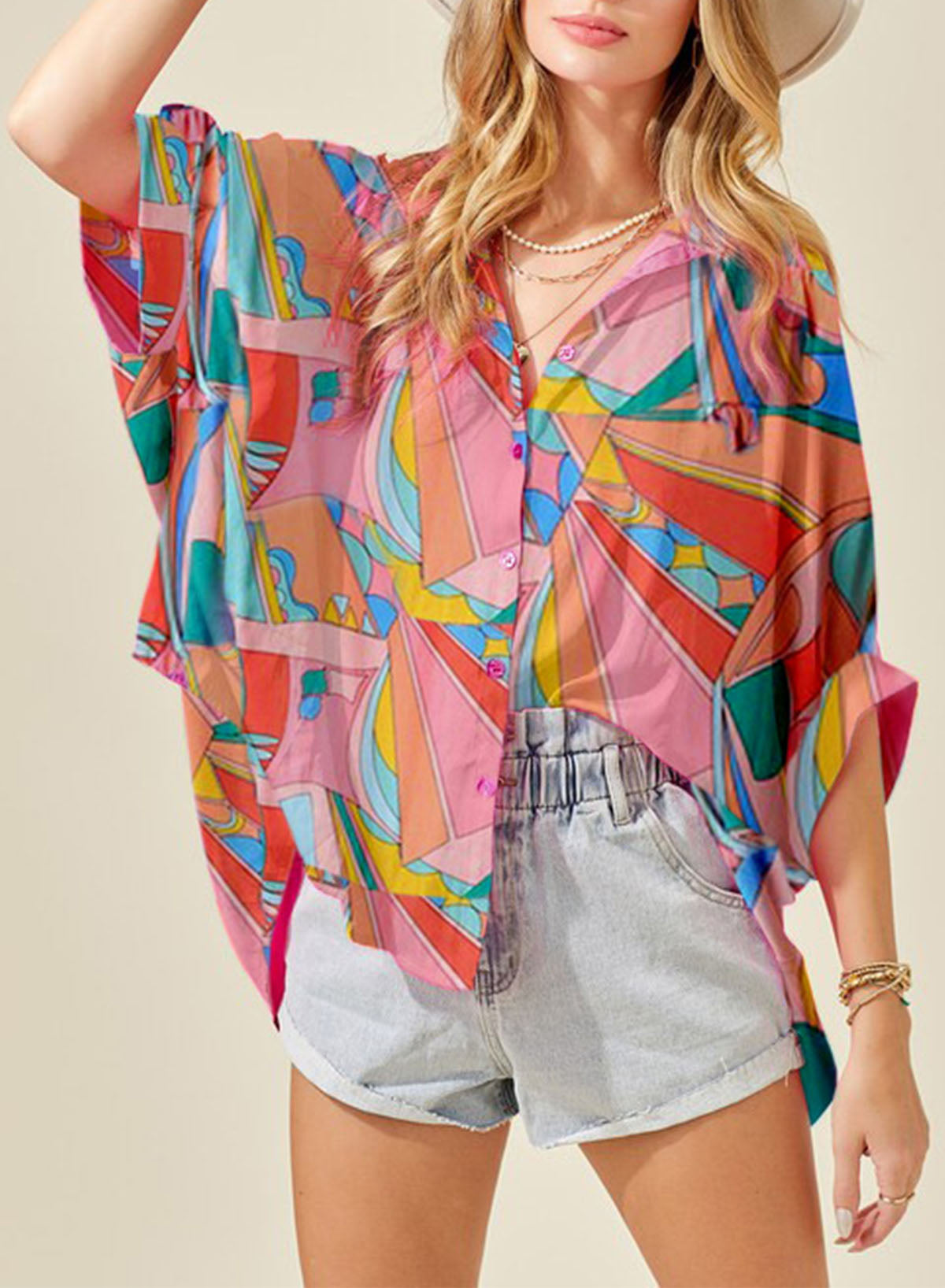 Chemise imprimée à manches dolman et col