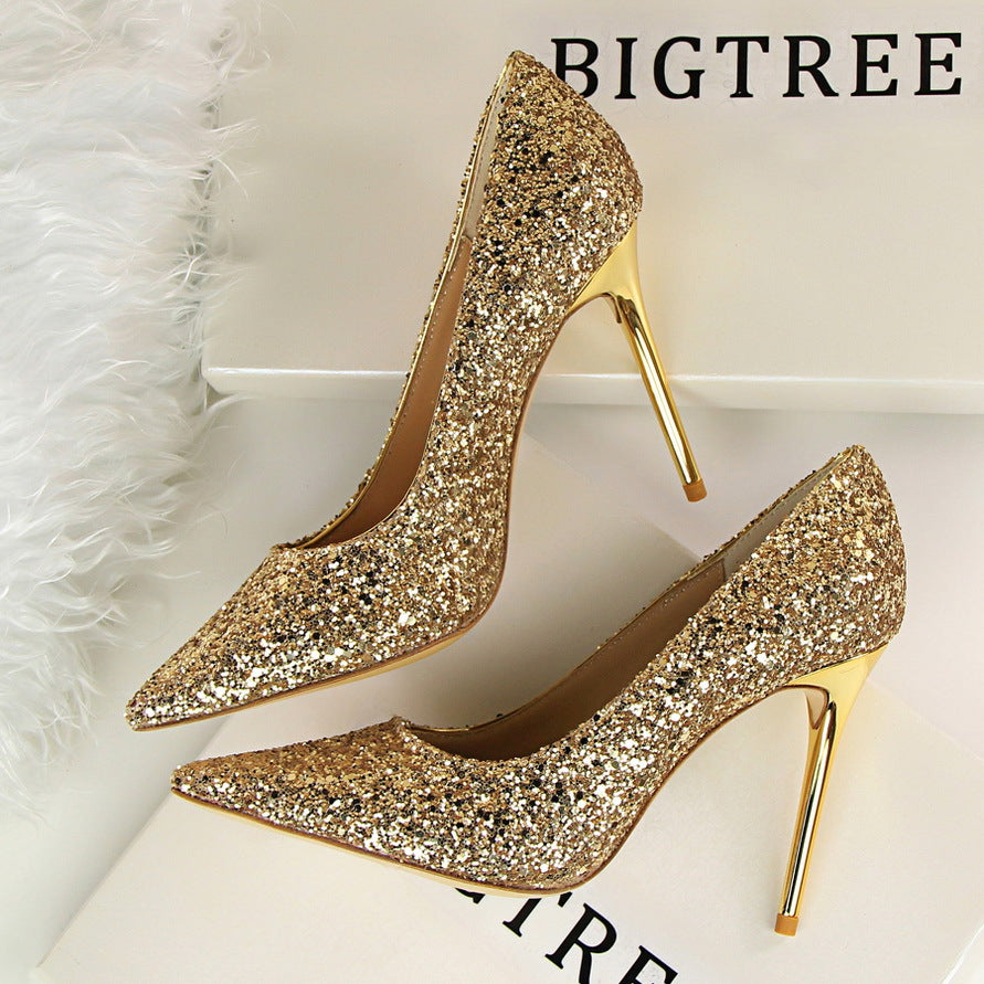 Chaussures à paillettes scintillantes pour femmes, coupe haute et basse, bout pointu