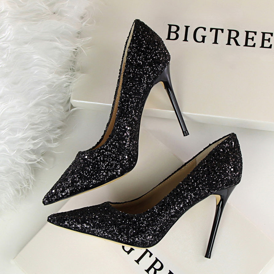 Chaussures à paillettes scintillantes pour femmes, coupe haute et basse, bout pointu