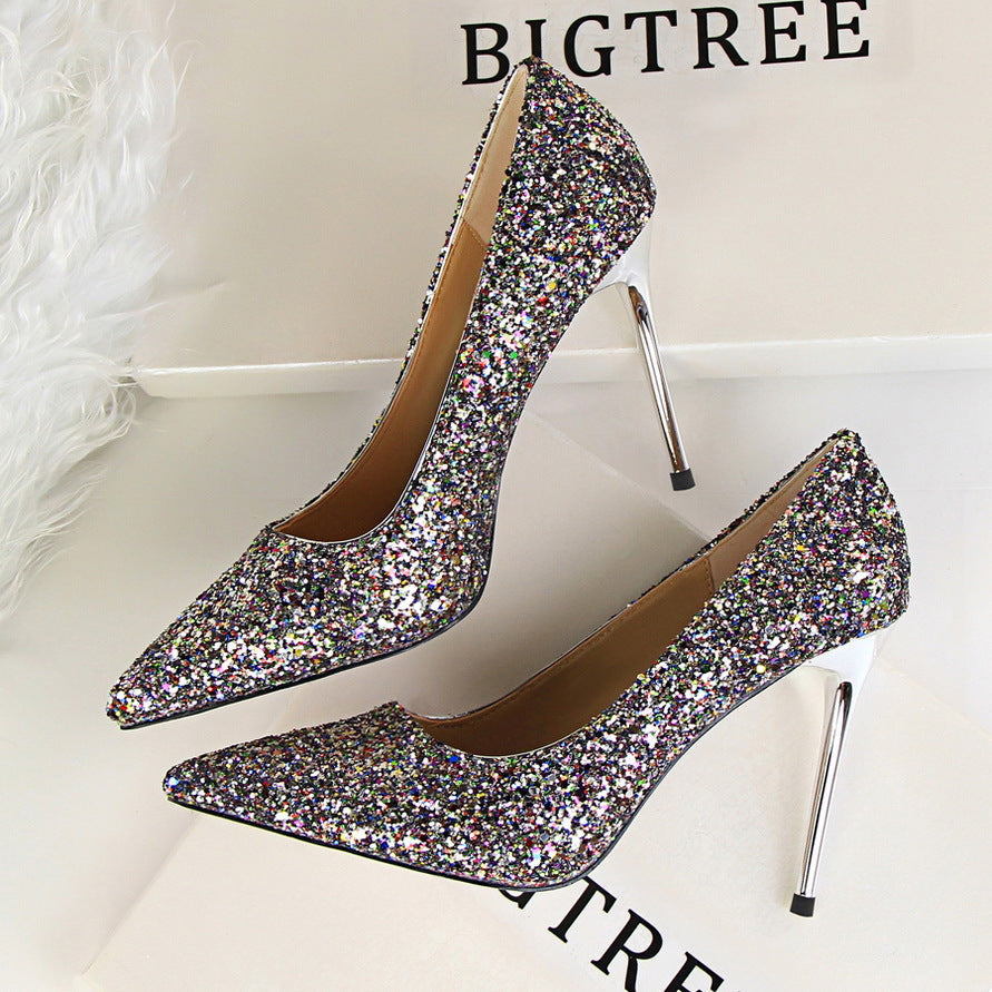 Chaussures à paillettes scintillantes pour femmes, coupe haute et basse, bout pointu