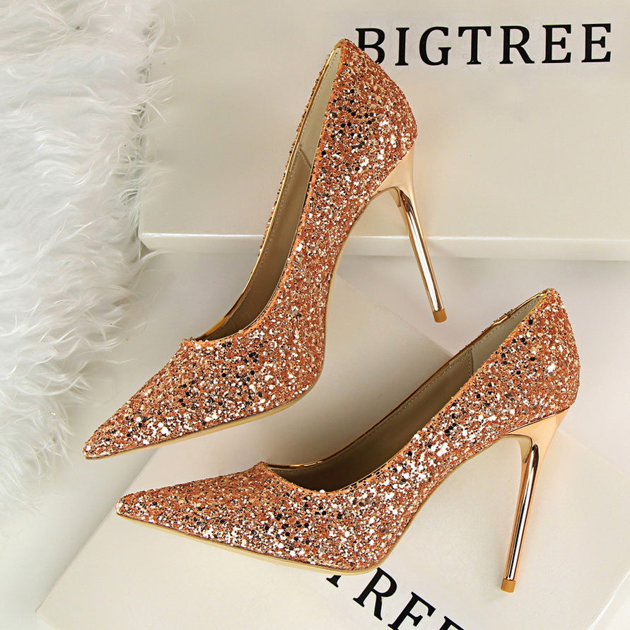 Chaussures à paillettes scintillantes pour femmes, coupe haute et basse, bout pointu