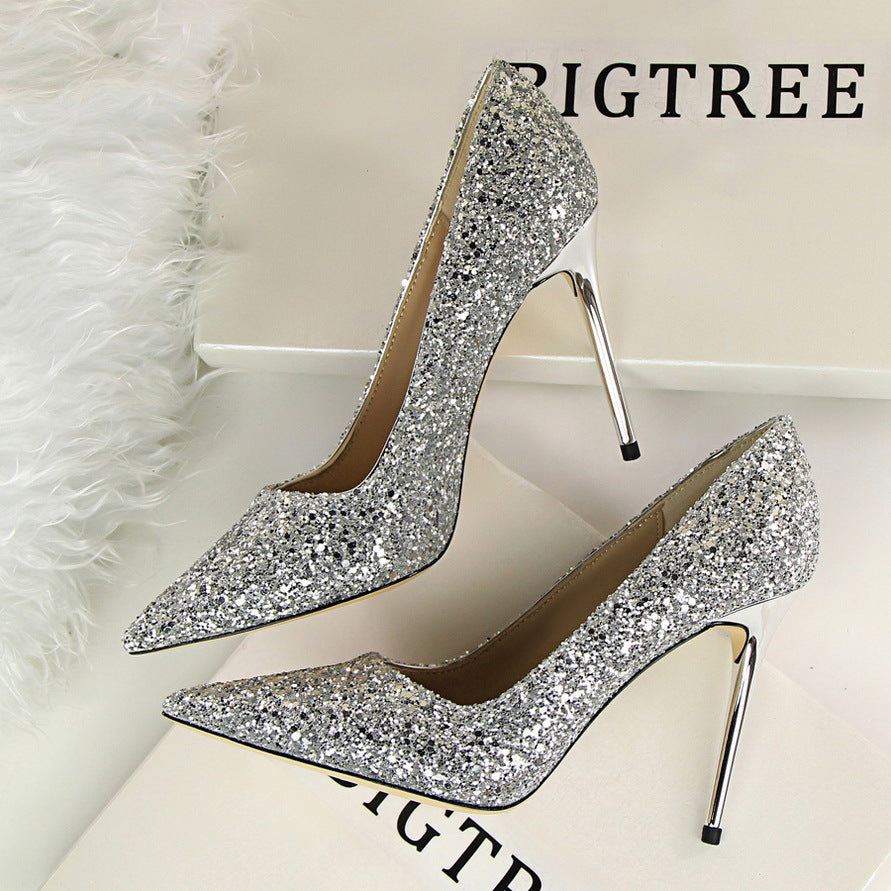 Chaussures à paillettes scintillantes pour femmes, coupe haute et basse, bout pointu
