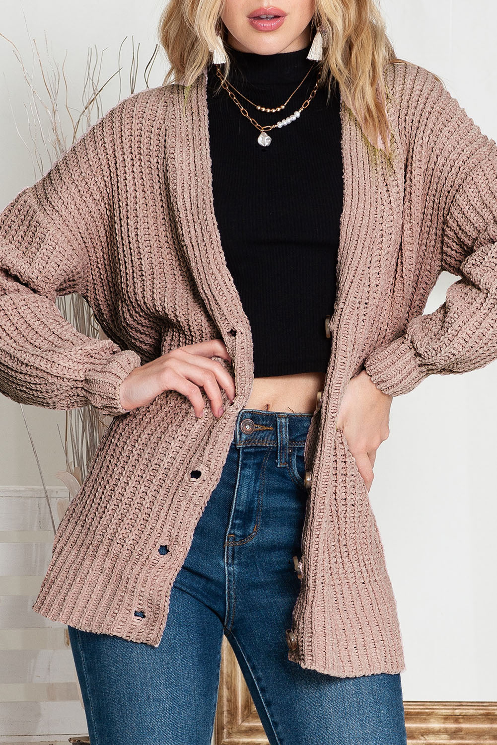 Khakifarbene, einfarbige, lässige Strickjacke mit Knöpfen