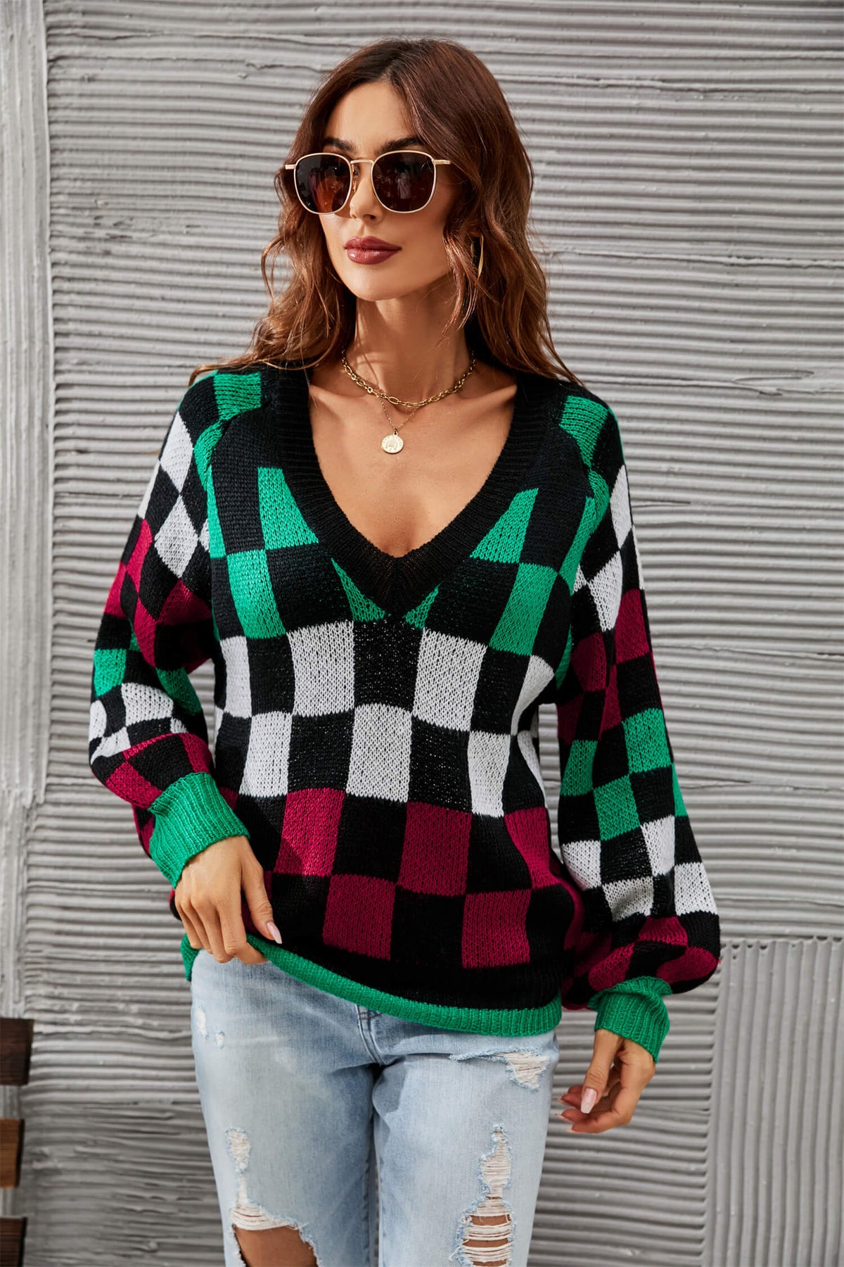 Checkered V-Neck Lantern Sleeve Sweater