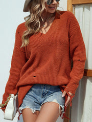Rippstrickpullover mit V-Ausschnitt im Used-Look