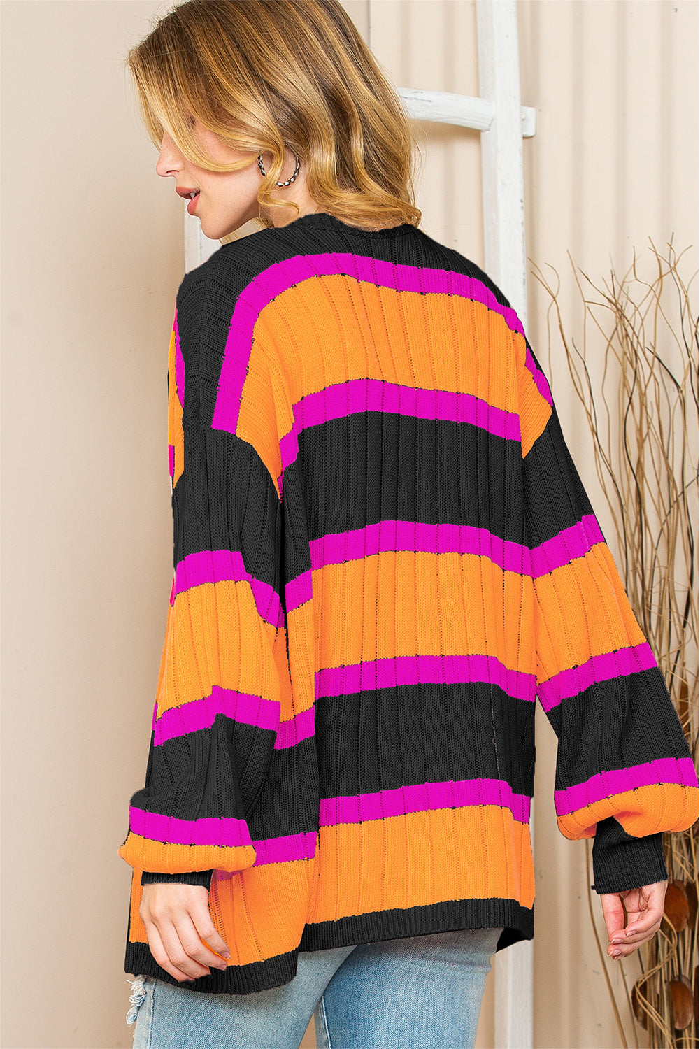 Orange Stripe Print Ribbed Knit Sweater Cardigan