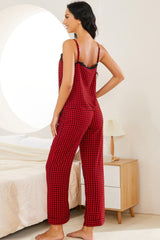 Plaid Lace Trim Cami Drawstring Pants Pajama Set