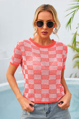 Kariertes Kurzarm-Stricktop