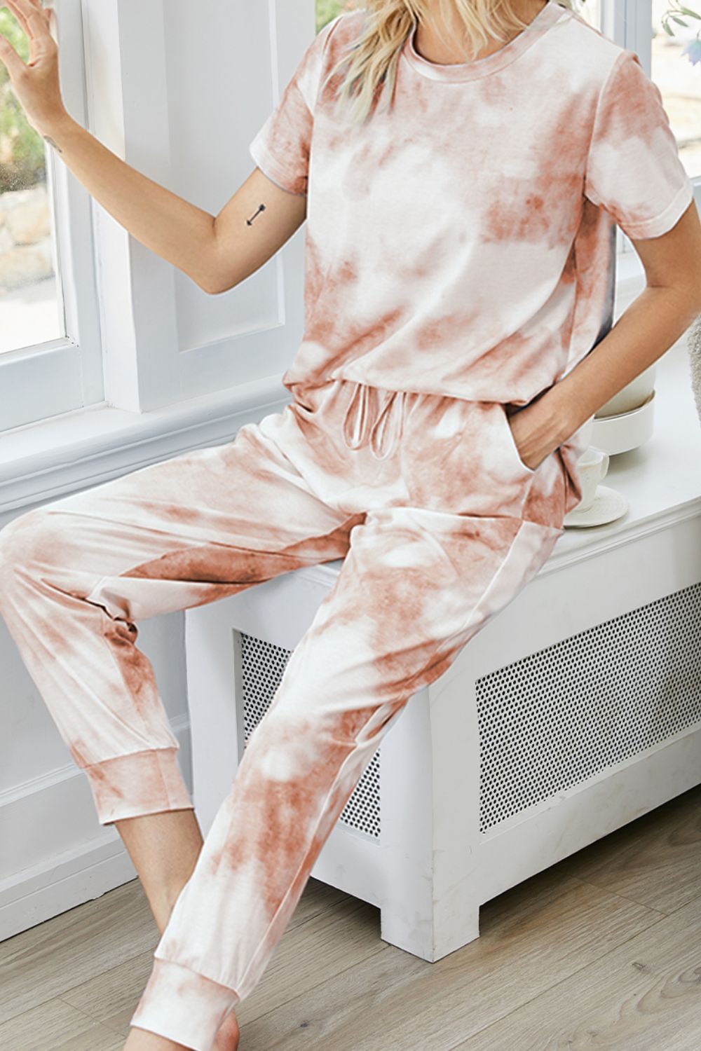 Tie-Dye Round Neck Short Sleeve Top Pants Lounge Set