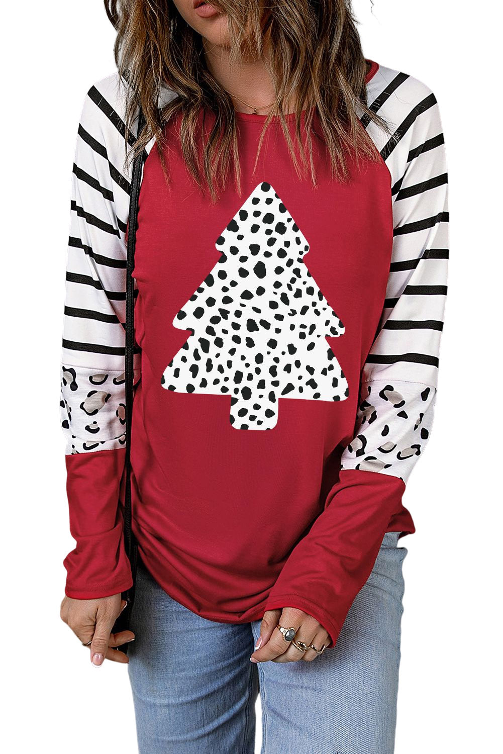 Red Leopard Christmas Tree Striped Color Block Graphic Top