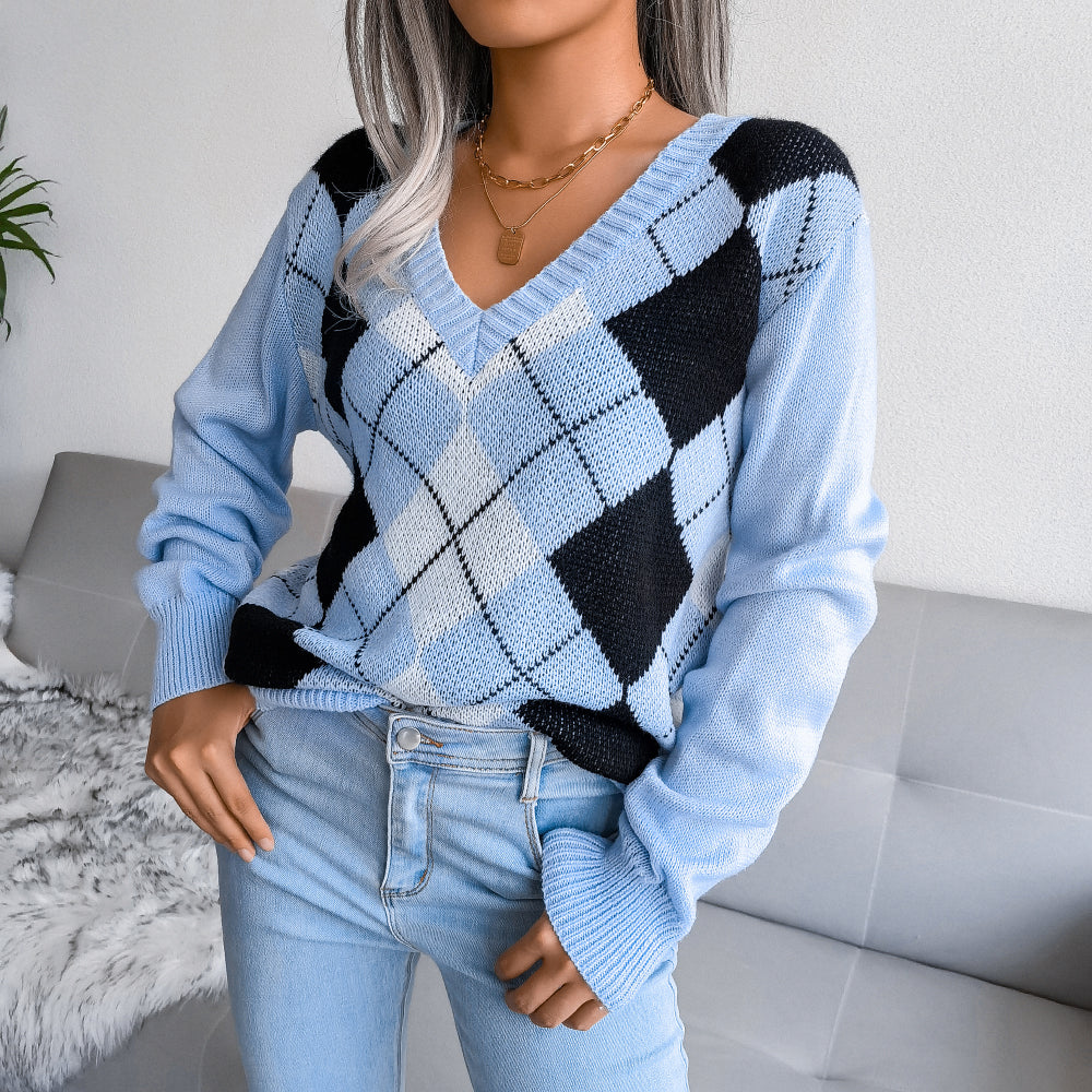 Argyle V-Neck Long Sleeve Sweater